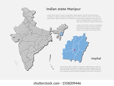 Detailed vector India country outline border map isolated on background. Manipur state, region, area, province, territory, department for your report, infographic, backdrop, business concept.