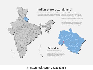 Detailed vector India country outline border map isolated on background. Uttarakhand state, region, area, province, territory, department for your report, infographic, backdrop, business concept.