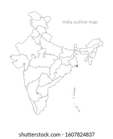 Detailed vector India country outline border map isolated on background. Divided on state, region, area, province, territory, department for your report, infographic, backdrop, business concept.