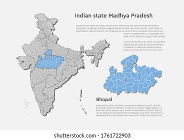 Detailed vector India country outline border map isolated on background. Madhya Pradesh state, region, area, province, territory, department for your report, infographic, backdrop, business concept