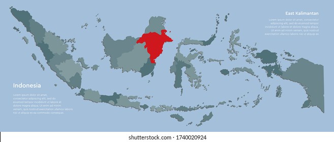 Detailed vector Indonesia country border map isolated on background. East Kalimantan province template travel pattern, report, infographic, backdrop. Asia nation business silhouette sign concept