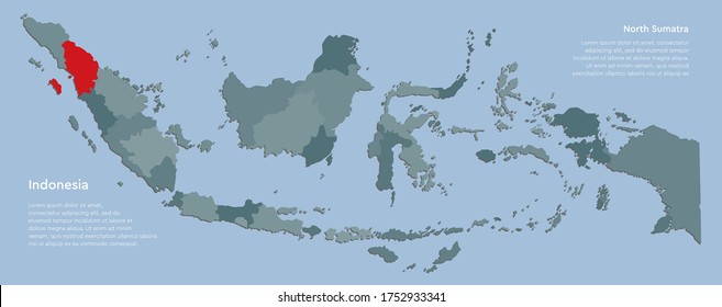 Detailed vector Indonesia country border map isolated on background. North Sumatra province template travel pattern, report, infographic, backdrop. Asia nation business silhouette sign concept
