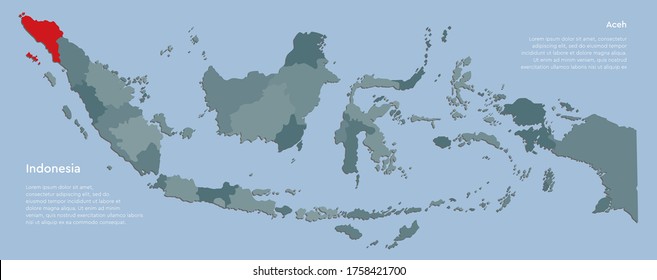 Detailed vector Indonesia country border map isolated on background. Aceh province template travel pattern, report, infographic, backdrop. Asia nation business silhouette sign concept