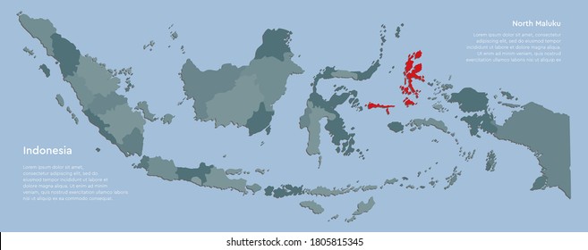 Detailed vector Indonesia country border map isolated on background. North Maluku province template travel trip pattern, report, infographic, backdrop. Asia nation business silhouette sign concept