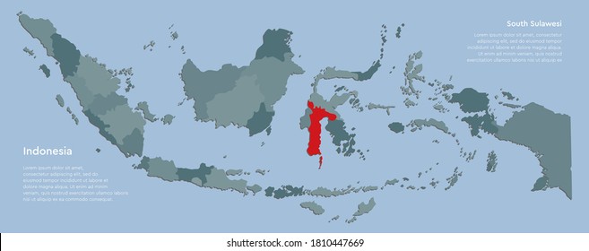 Detailed vector Indonesia country border map isolated on background. South Sulawesi province template travel trip pattern, report, infographic, backdrop. Asia nation business silhouette sign concept