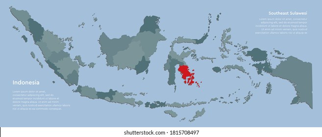 Detailed vector Indonesia country border map isolated on background. Sulawesi province template travel trip pattern, report, infographic, backdrop. Asia nation business silhouette sign concept