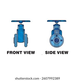 Detailed vector of industrial gate valve showing front and side views. Ideal for plumbing, mechanical, and engineering design projects. Perfect for technical drawings and instruction manuals.