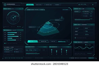 Detailed vector interface featuring radar, graphs, system controls, telemetry panels, and glowing teal technical displays