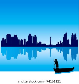 Detailed vector Jakarta silhouette skyline with traditional boat