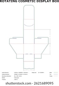 Detailed vector layout blueprint of a rotating cosmetic product display box showcasing dimensions and manufacturing specifications for packaging design.