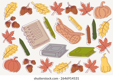 Ilustração detalhada da arte vetorial. De volta ao conjunto de artigos de papelaria da escola (caderno, livros didáticos, canetas, lápis, caso) arranjado com folhas de outono de bordo e carvalho, bolotas e pequenas abóboras. Cor quente de outono 