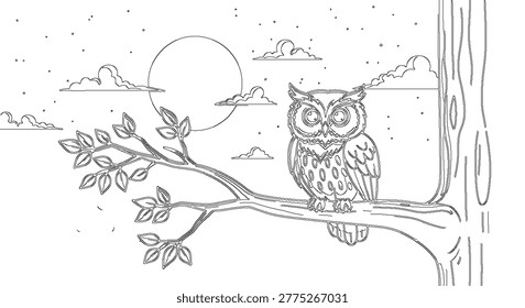 Detailed vector line art of a wise old owl with large staring eyes perched securely on a wooden tree branch.