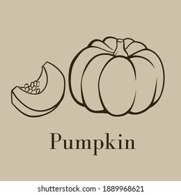 Detailed vector line drawing of pumpkin with it's slice cut.