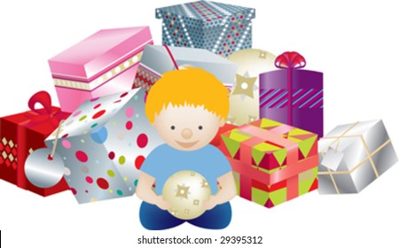 detailed vector of a little boy with a pile of gifts