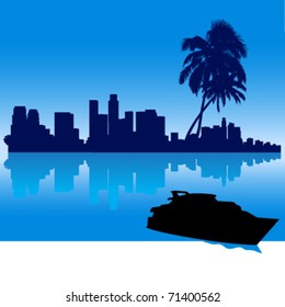 Detailed vector Los Angeles silhouette skyline with palm trees, reflection and yacht
