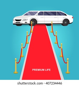 detailed vector luxury limousine car and red carpet for world premiere, red carpet for celebrities and guest