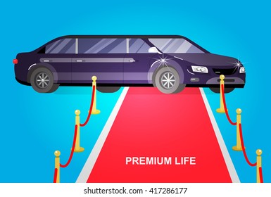 detailed vector luxury limousine car and red carpet for world premiere, red carpet for celebrities and guests. Vector red carpet and luxury limousine