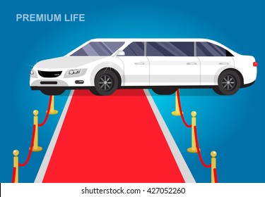 detailed vector luxury limousine car and red carpet for world premiere, for celebrities and guests. Vector luxury limousine