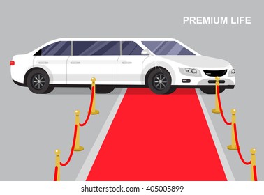 detailed vector luxury white limousine car and red carpet for world premiere celebrities and guests