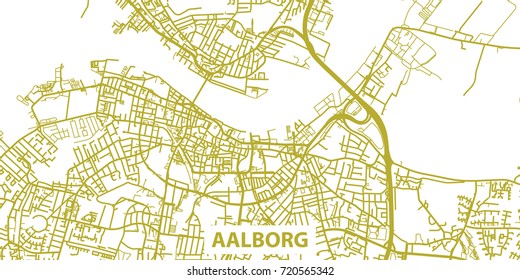 Detailed vector map of Aalborg in gold with title, scale 1:30 000, Denmark
