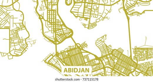 Detailed vector map of Abidjan in gold with title, scale 1:30 000, Ivory Coast