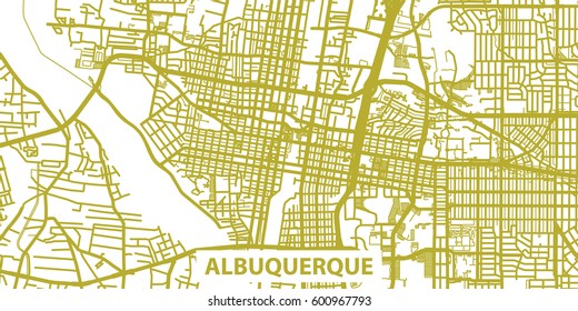 Detailed vector map of Albuquerque in gold with title, scale 1:30 000, USA