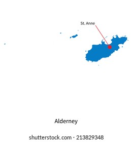 Detailed vector map of Alderney and capital city St. Anne