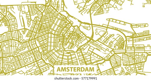 Detailed vector map of Amsterdam in gold with title, scale 1:30 000, Netherlands