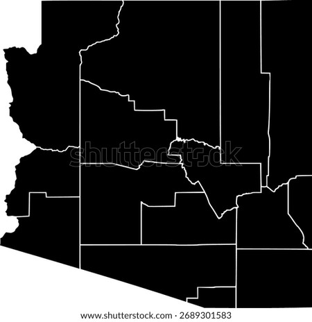Detailed vector map of Arizona state outline with all internal county borders and administrative divisions, rendered in black, a complete political template of the Southwestern U.S. territory.

