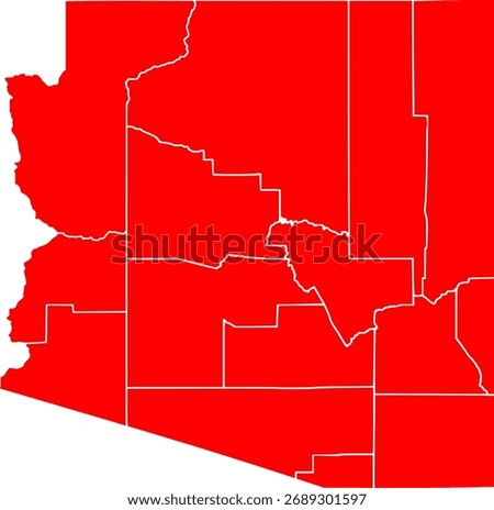 Detailed vector map of Arizona state outline with all internal county borders and administrative divisions, rendered in red, a complete political template of the Southwestern U.S. territory.

