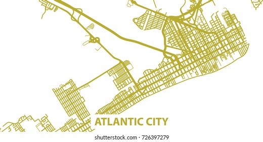 Detailed vector map of Atlantic City in gold with title, scale 1:30 000, USA