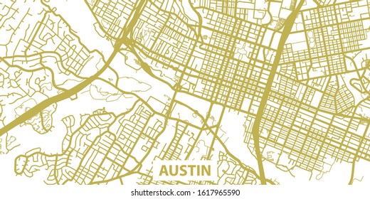 Detailed vector map of Austin in gold with title, scale 1:10 000,  US
