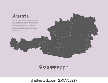 Detailed vector map Austria divided on regions isolated in the background. Template Europe country for pattern, infographic, design, illustration. Concept outline of administrative divisions Austria