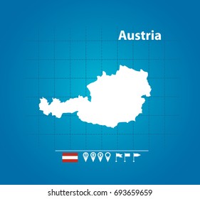  Detailed vector map of Austria. Name country, flag and pointer. Flat vector illustration.