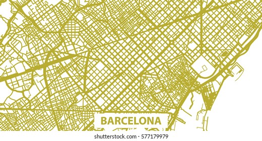 Detailed vector map of Barcelona in gold with title, scale 1:30 000, Catalonia