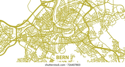 Detailed vector map of Bern in gold with title, scale 1:30 000, Switzerland