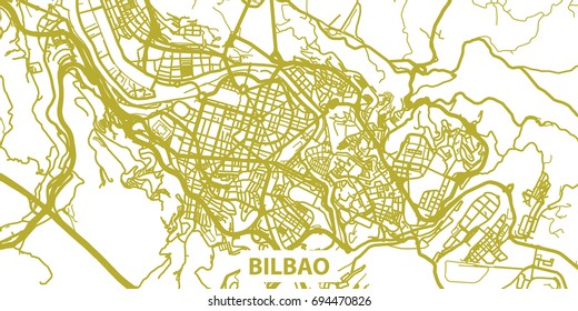 Detailed vector map of Bilbao in gold with title, scale 1:30 000, Spain