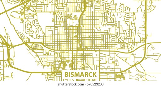 Detailed vector map of Bismarck in gold with title, scale 1:30 000, USA 