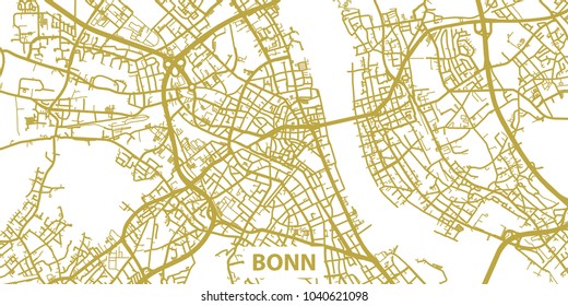 Detailed vector map of Bonn in gold with title, scale 1:30 000, Germany