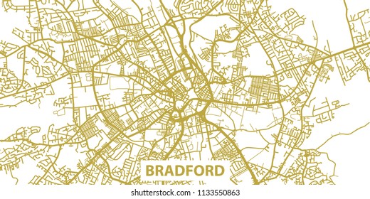 Detailed vector map of Bradford in gold with title, scale 1:30 000, England, UK