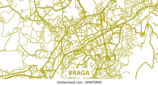 Detailed vector map of Braga in gold with title, scale 1:30 000, Portugal