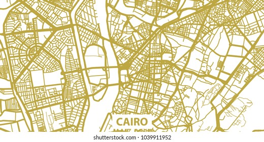 Detailed vector map of Cairo in gold with title, scale 1:30 000, Egypt