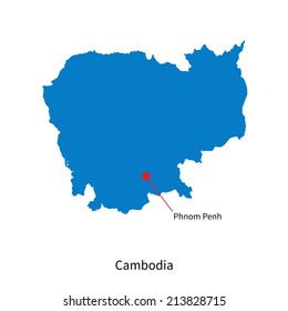 Detailed vector map of Cambodia and capital city Phnom Penh