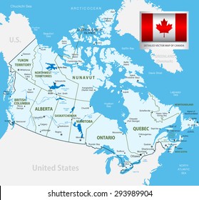 Detailed vector map of Canada.Image contains next layers: land contours, country and land names, city names and water object names. All elements are separated in editable layers clearly labeled.