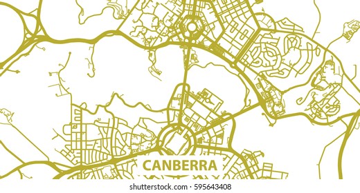Detailed vector map of Canberra in gold with title, scale 1:30 000, Australia svg