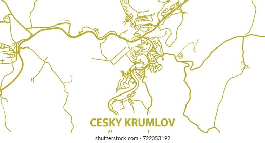 Detailed vector map of Cesky Krumlov in gold with title, scale 1:30 000, Czech republic