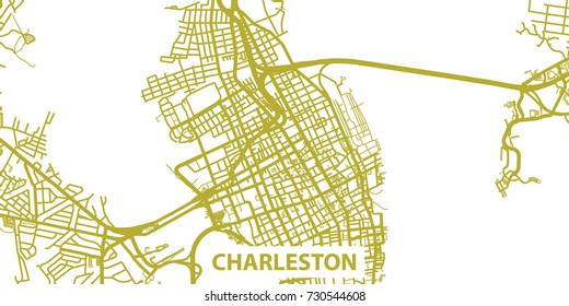 Detailed vector map of Charleston in gold with title, scale 1:30 000, USA