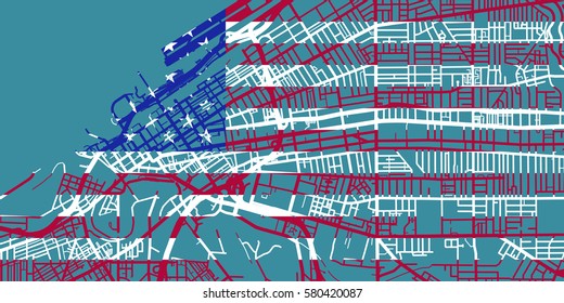Detailed vector map of Cleveland based on national flag of USA, scale 1:30 000, USA