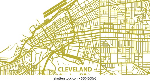 Detailed vector map of Cleveland in gold with title, scale 1:30 000, USA