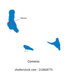 Detailed vector map of Comoros and capital city Moroni